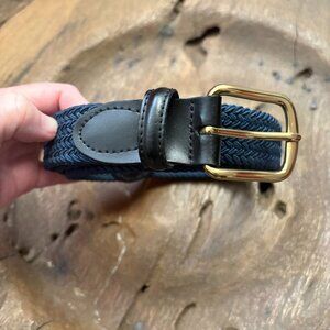 Vintage navy woven cord belt leather brass buckle men's medium / 34–36 preppy
